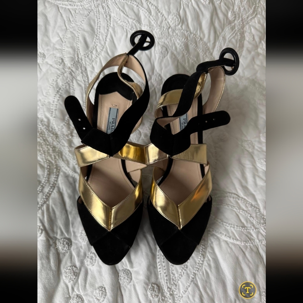Prada Black and Gold Heels with Strappy Design